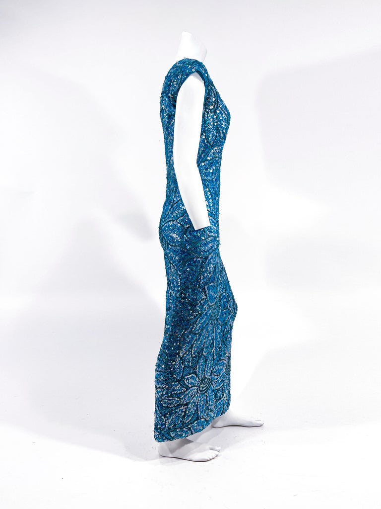 1950s Imperial Aqua Blue Sequin and Beaded Knit Dress For Sale at 1stDibs