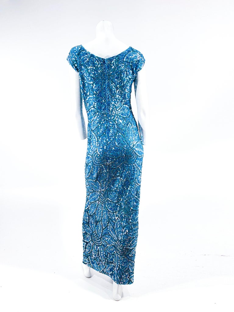 1950s Imperial Aqua Blue Sequin and Beaded Knit Dress For Sale at