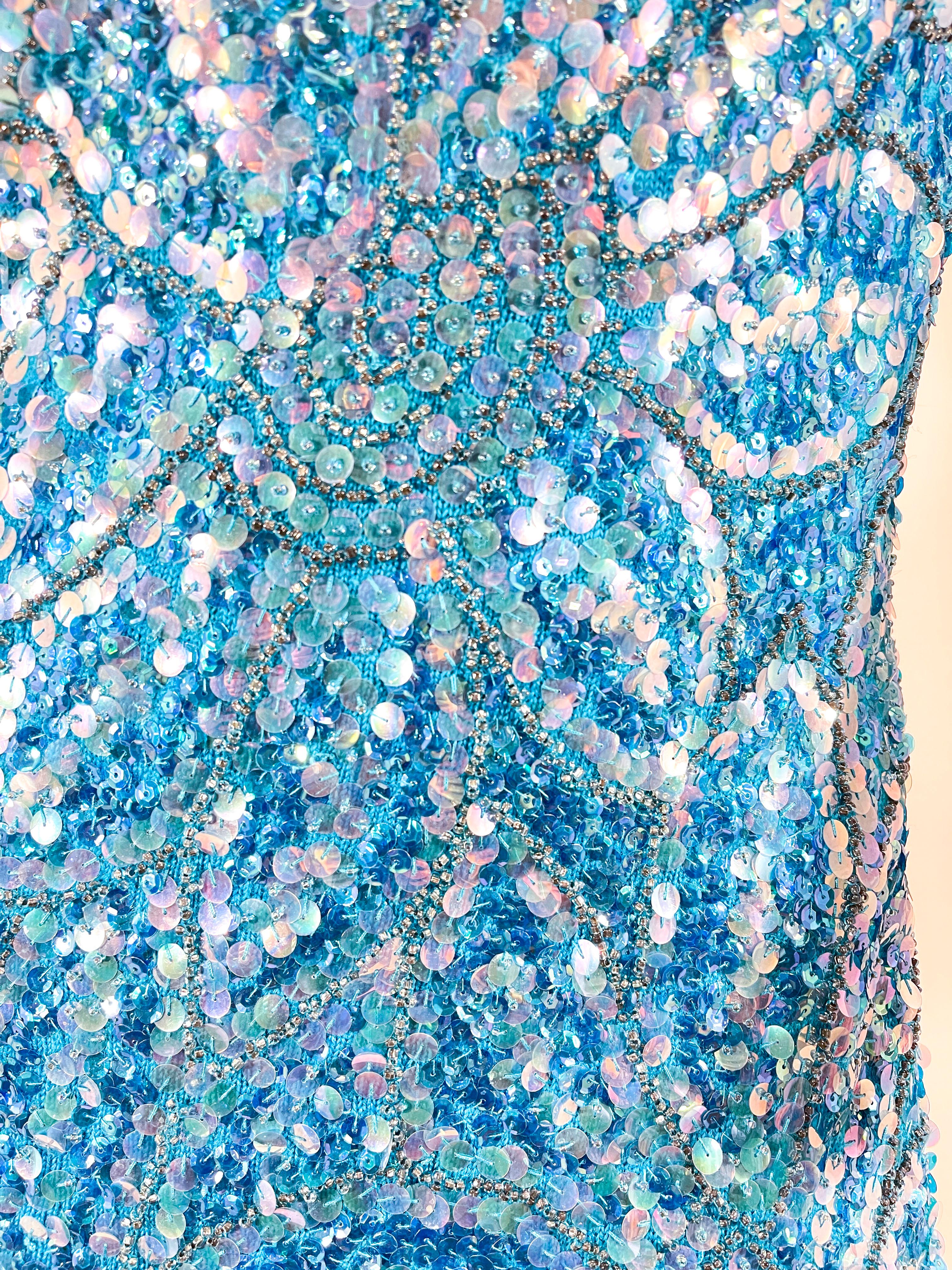 1950s Imperial Aqua Blue Sequin and Beaded Knit Dress For Sale 3