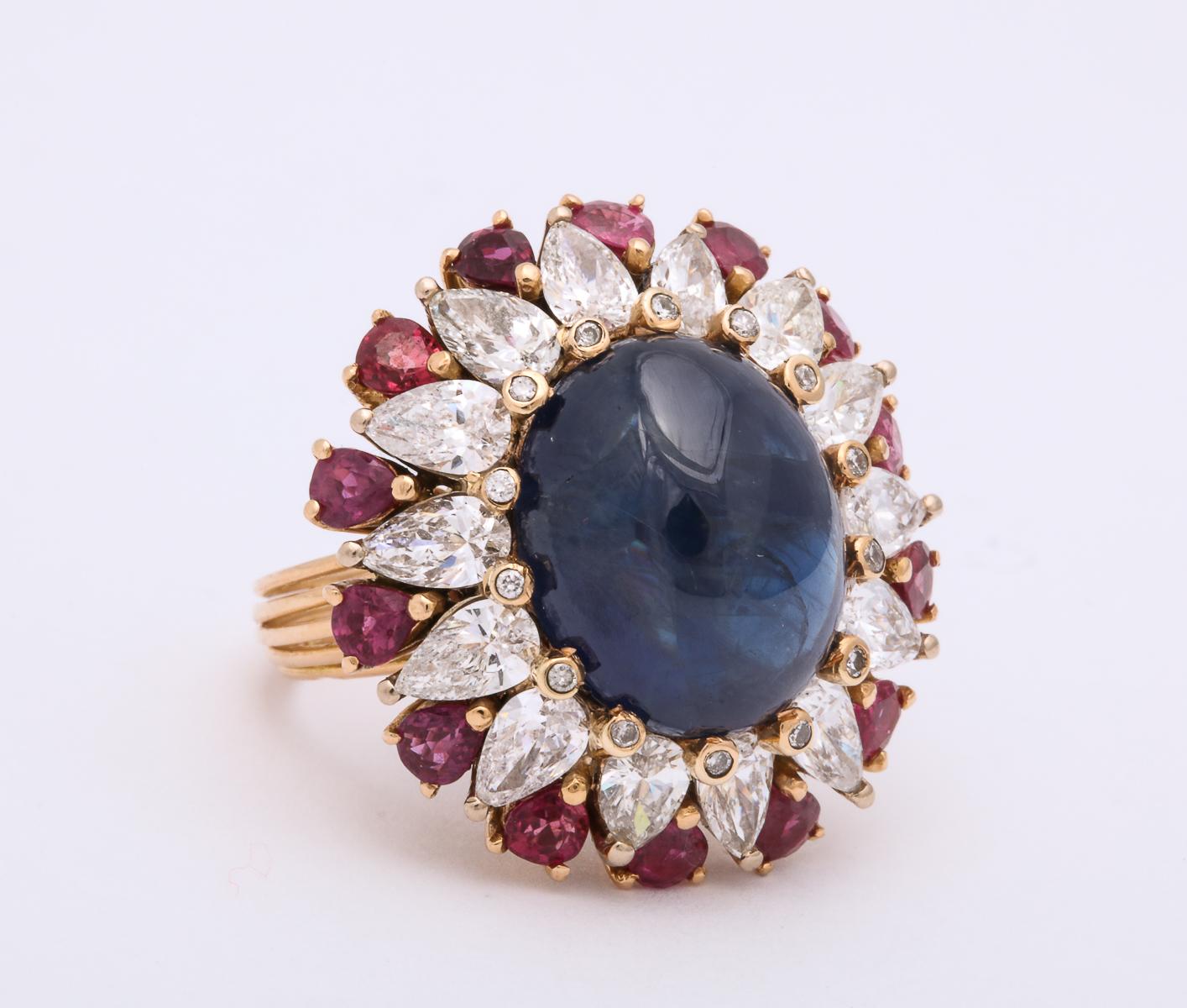 1950s Cabochon Sapphire, Ruby and Diamonds Gold Cocktail Ring In Good Condition In New York, NY