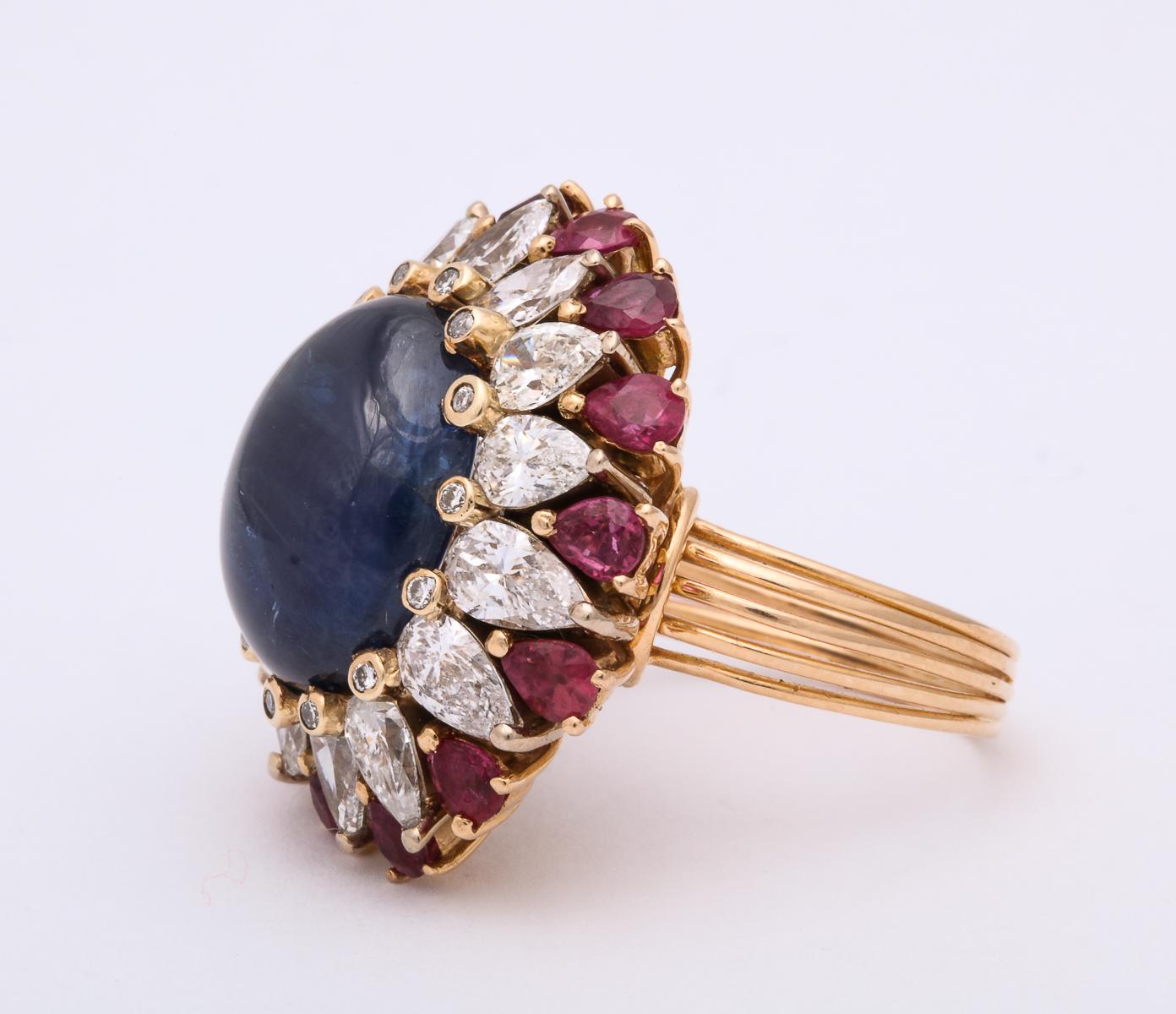 Women's 1950s Cabochon Sapphire, Ruby and Diamonds Gold Cocktail Ring