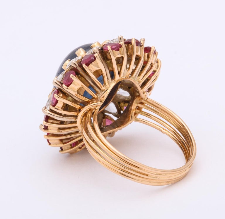 1950s Cabochon Sapphire, Ruby and Diamonds Gold Cocktail Ring at 1stDibs