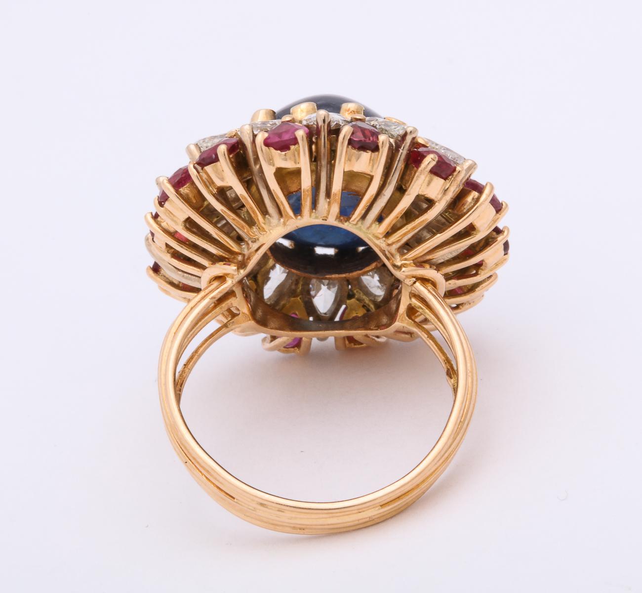 1950s Cabochon Sapphire, Ruby and Diamonds Gold Cocktail Ring 2