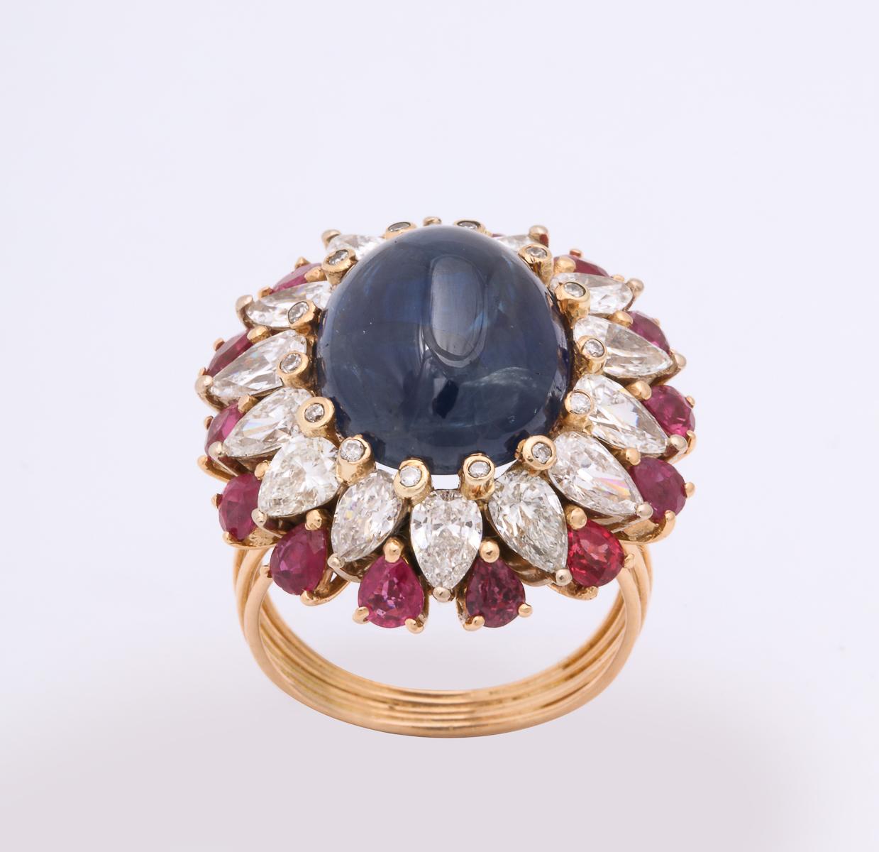 1950s Cabochon Sapphire, Ruby and Diamonds Gold Cocktail Ring 3