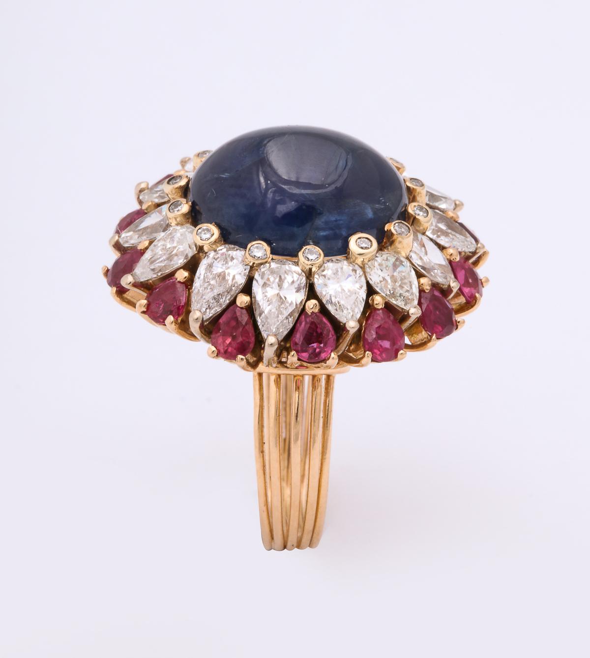 1950s Cabochon Sapphire, Ruby and Diamonds Gold Cocktail Ring 4