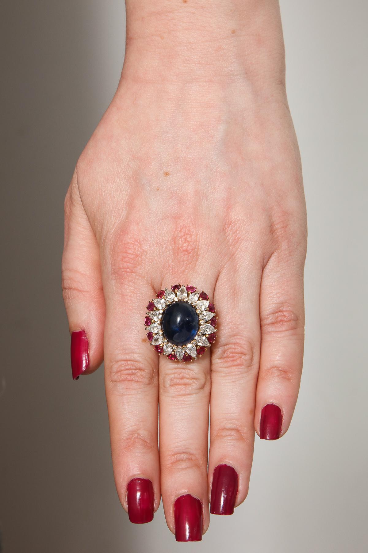 1950s Cabochon Sapphire, Ruby and Diamonds Gold Cocktail Ring 5