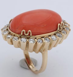 1950s Impressive Cabochon Oval Shaped Coral with Diamonds Gold Cocktail Ring