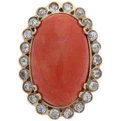 Vintage 1950s Impressive Cabochon Oval Shaped Coral with Diamonds Gold Cocktail Ring