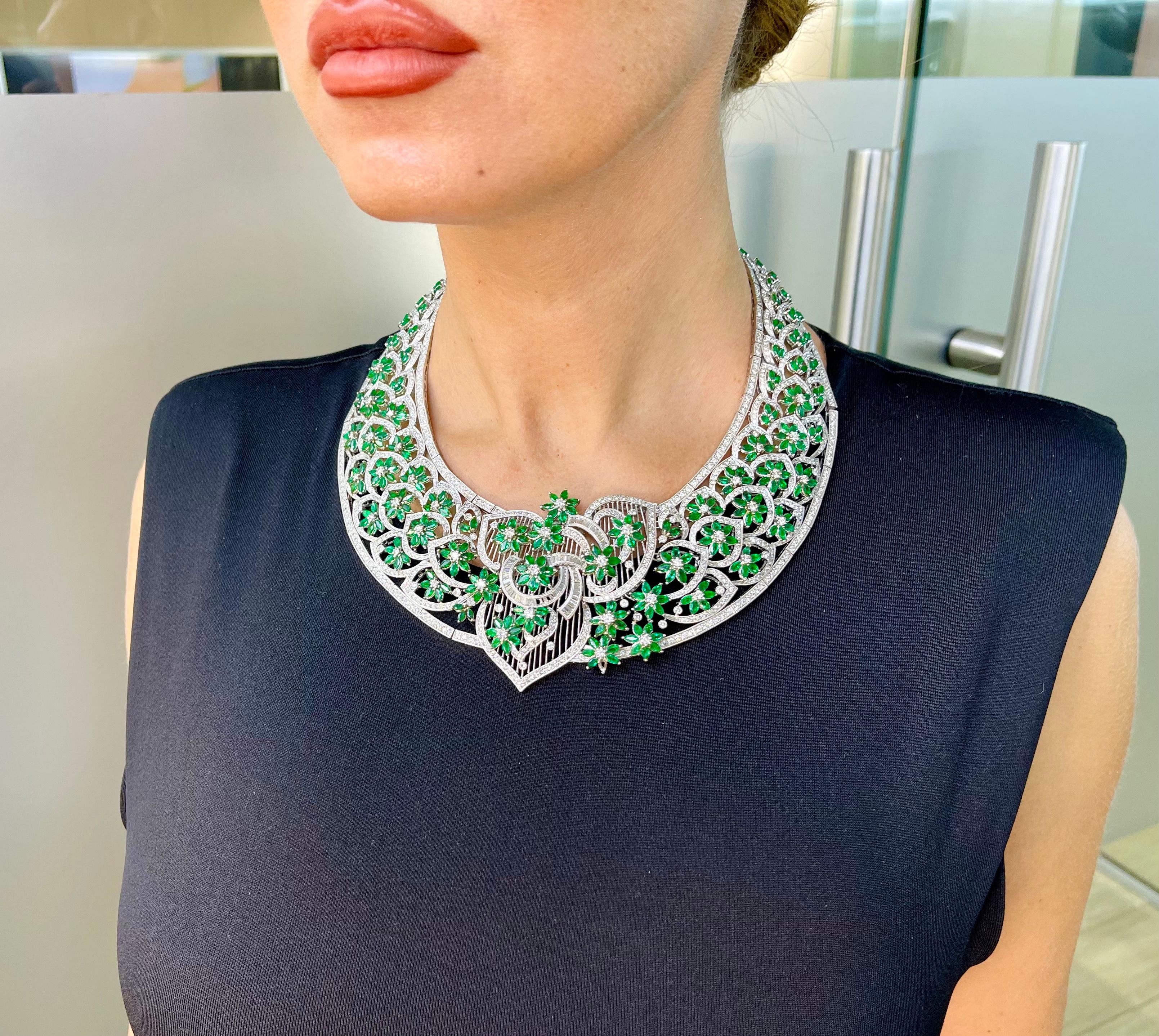 Marquise Cut 1950s Impressive Lace Deco Design Diamond Emerald Necklace For Sale