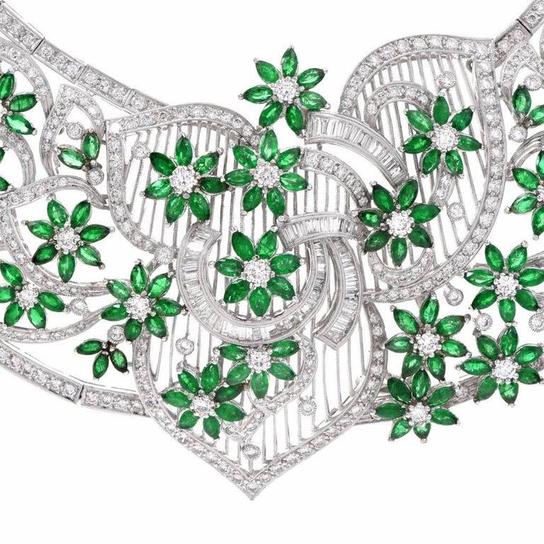 1950s Impressive Lace Deco Design Diamond Emerald Necklace In Excellent Condition For Sale In Miami, FL