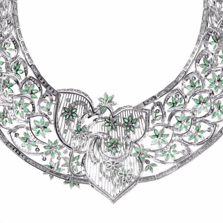 Women's 1950s Impressive Lace Deco Design Diamond Emerald Necklace For Sale