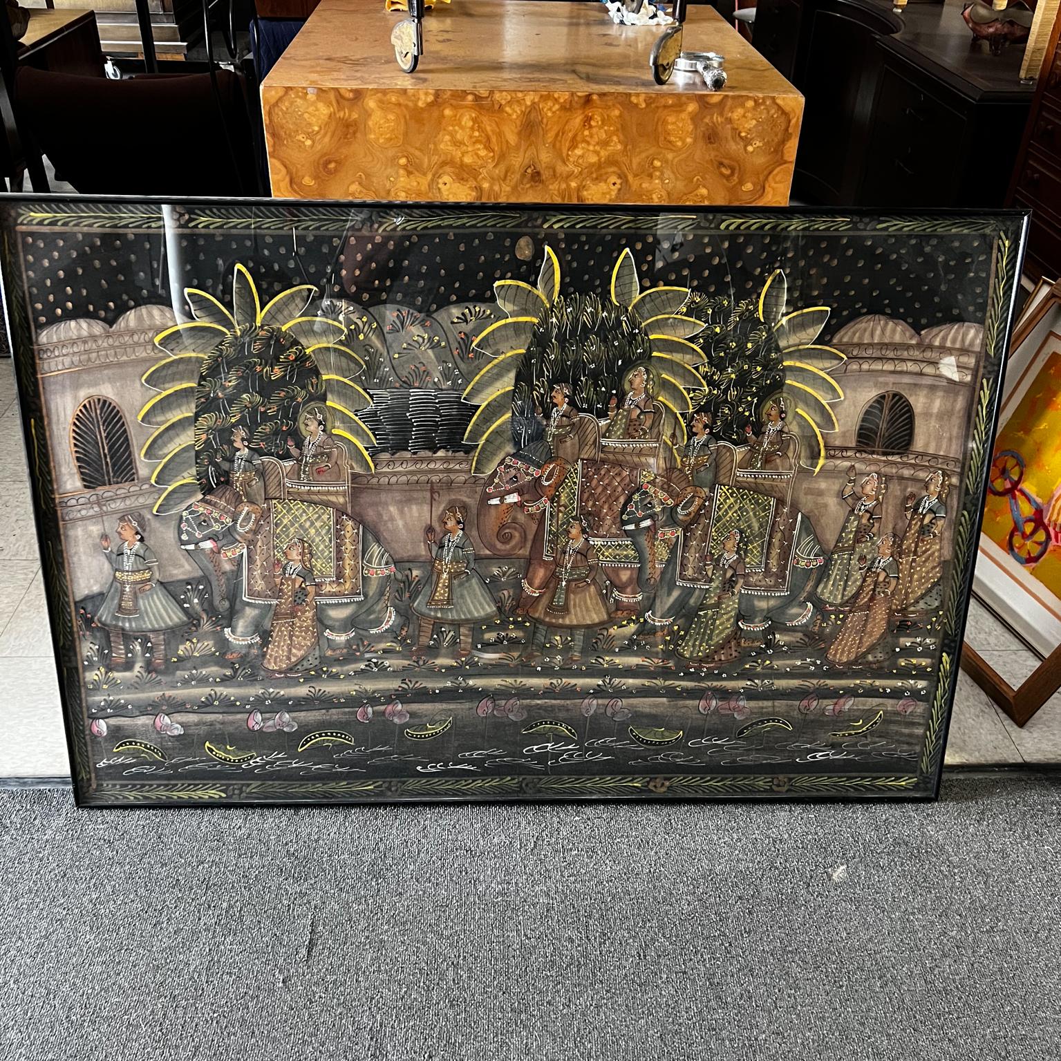 1950s India Batik Art Regal Procession Elephant Pageantry
Framed Batik Art
Ink on Silk
54.25 x 36 x 1
Original vintage condition
Please refer to images.