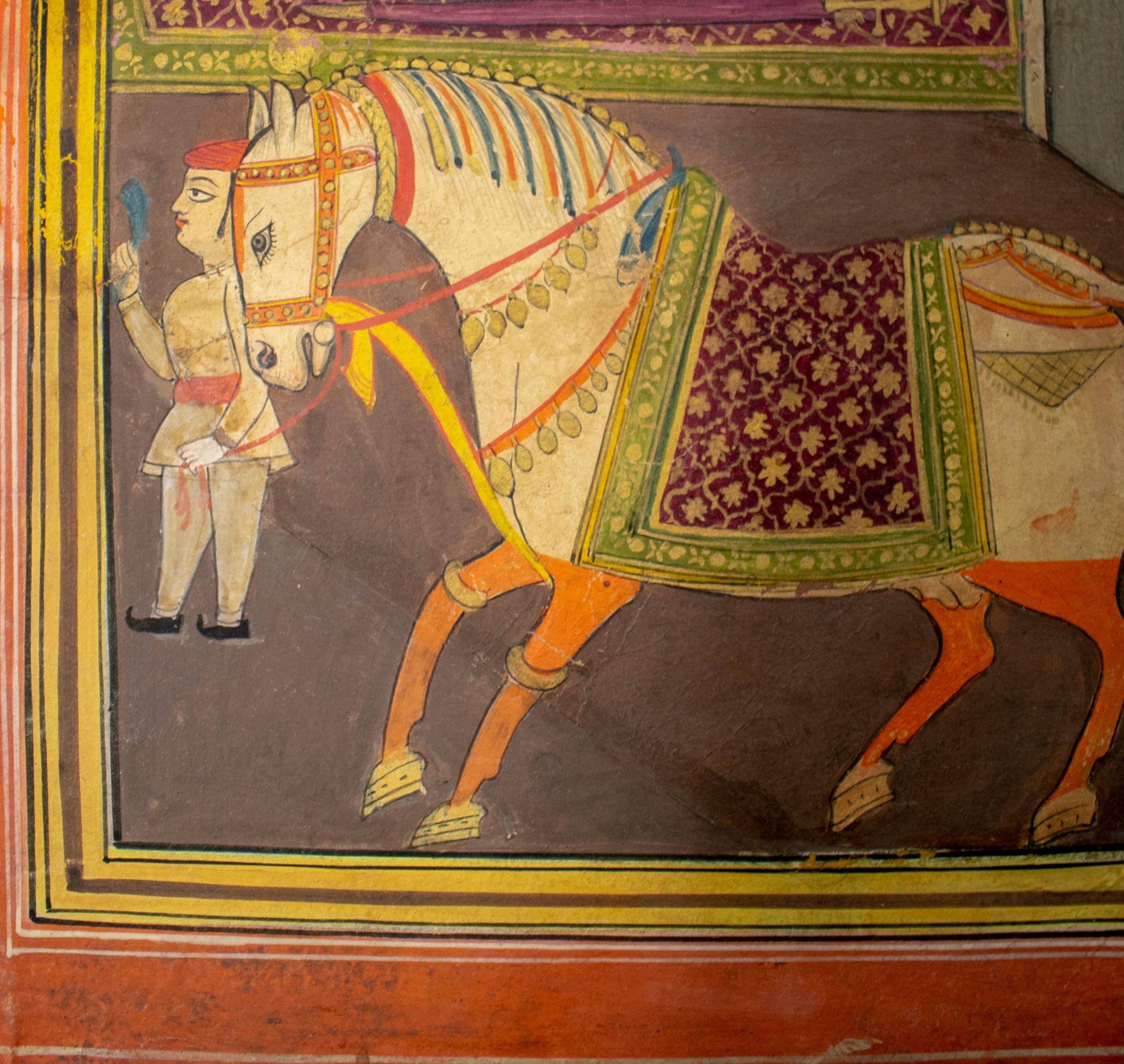 20th Century 1950s Indian Colourful Drawing of Royal with Horse For Sale