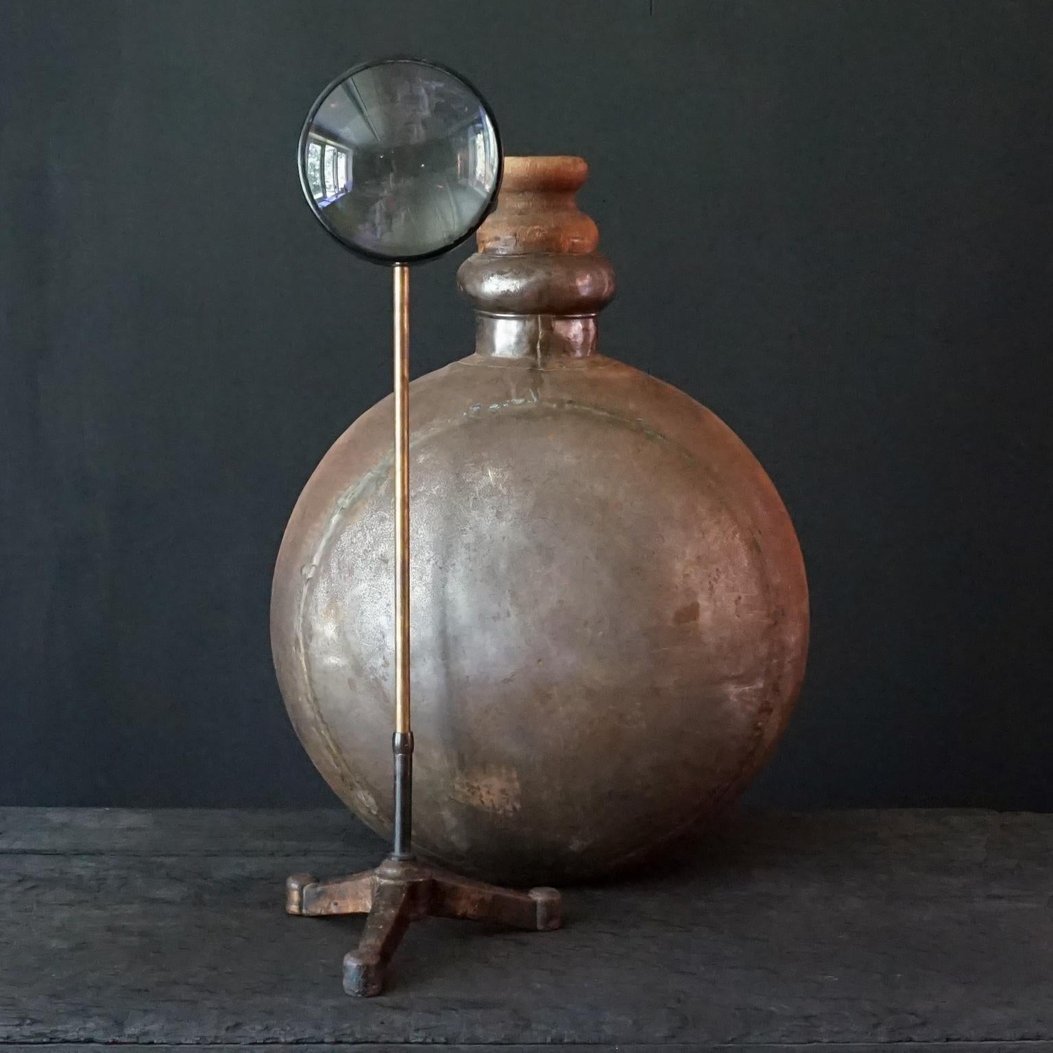 1950s Indian Hand-Hammered Large Metal Water Jug or Bottle with Wooden Cork For Sale 4