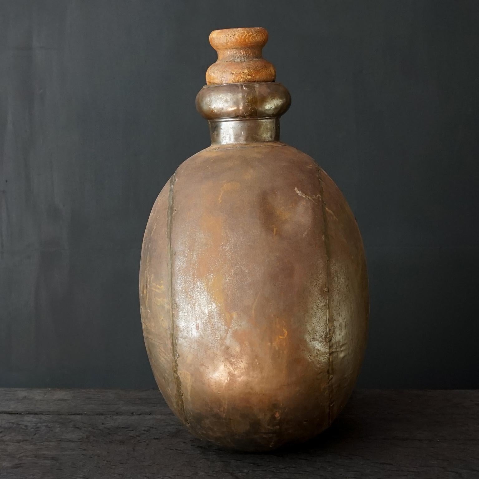 1950s Indian Hand-Hammered Large Metal Water Jug or Bottle with Wooden Cork For Sale 5