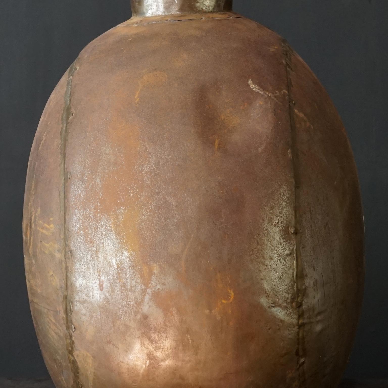 1950s Indian Hand-Hammered Large Metal Water Jug or Bottle with Wooden Cork For Sale 6