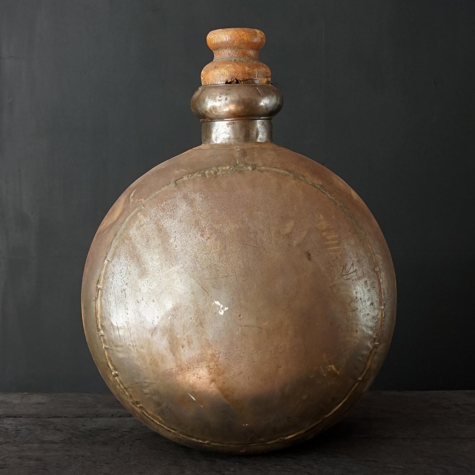 1950s Indian Hand-Hammered Large Metal Water Jug or Bottle with Wooden Cork For Sale 7