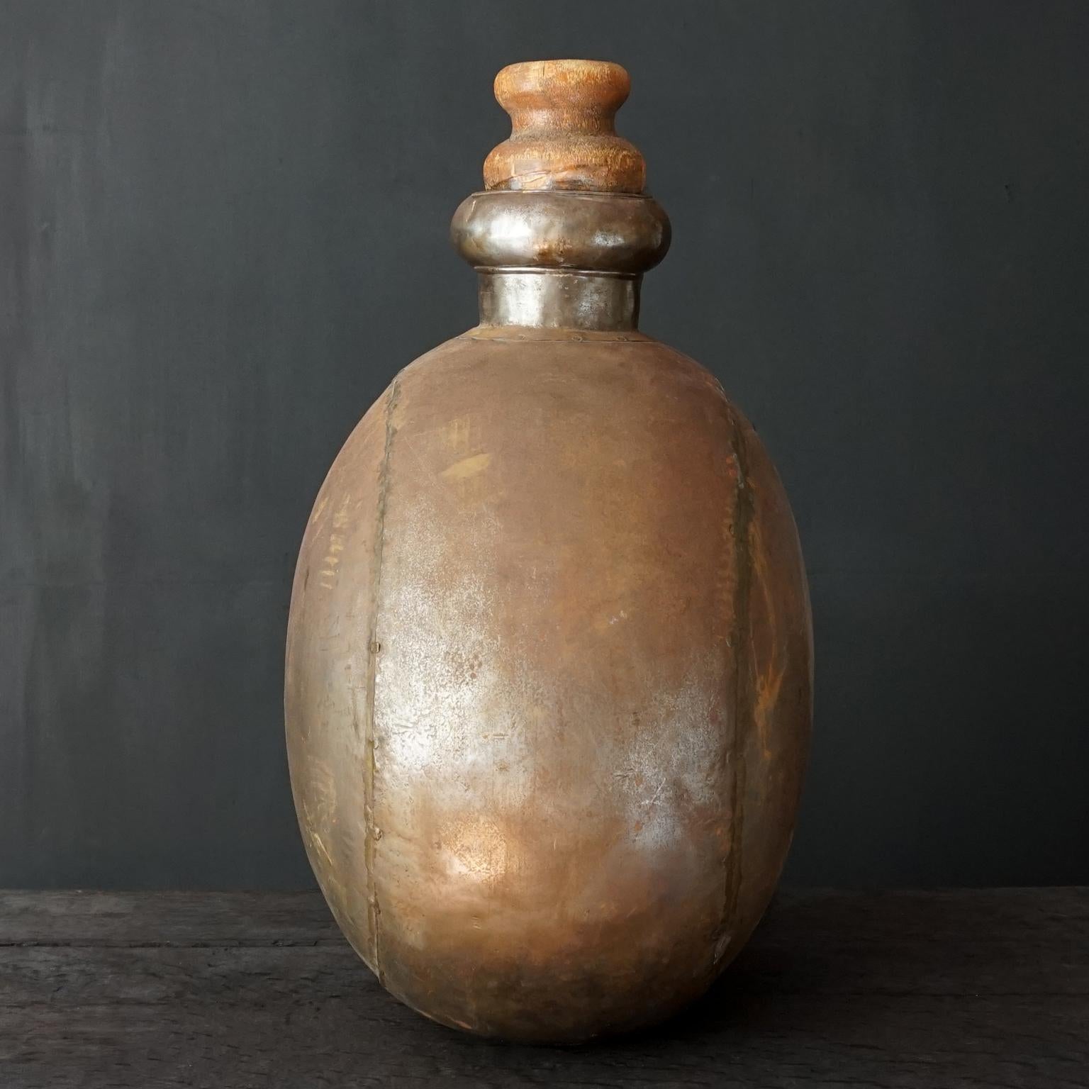 1950s Indian Hand-Hammered Large Metal Water Jug or Bottle with Wooden Cork For Sale 8