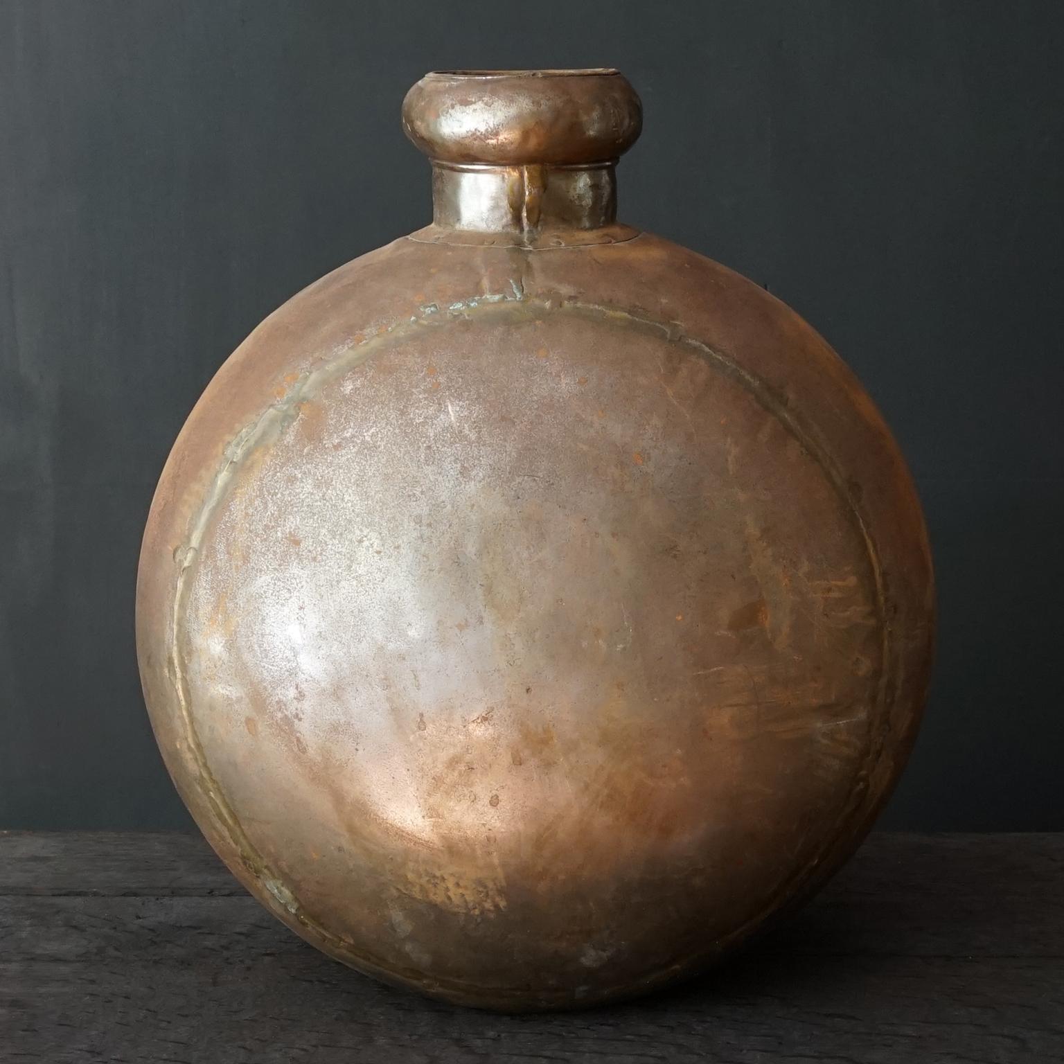 Mid-20th Century 1950s Indian Hand-Hammered Large Metal Water Jug or Bottle with Wooden Cork For Sale