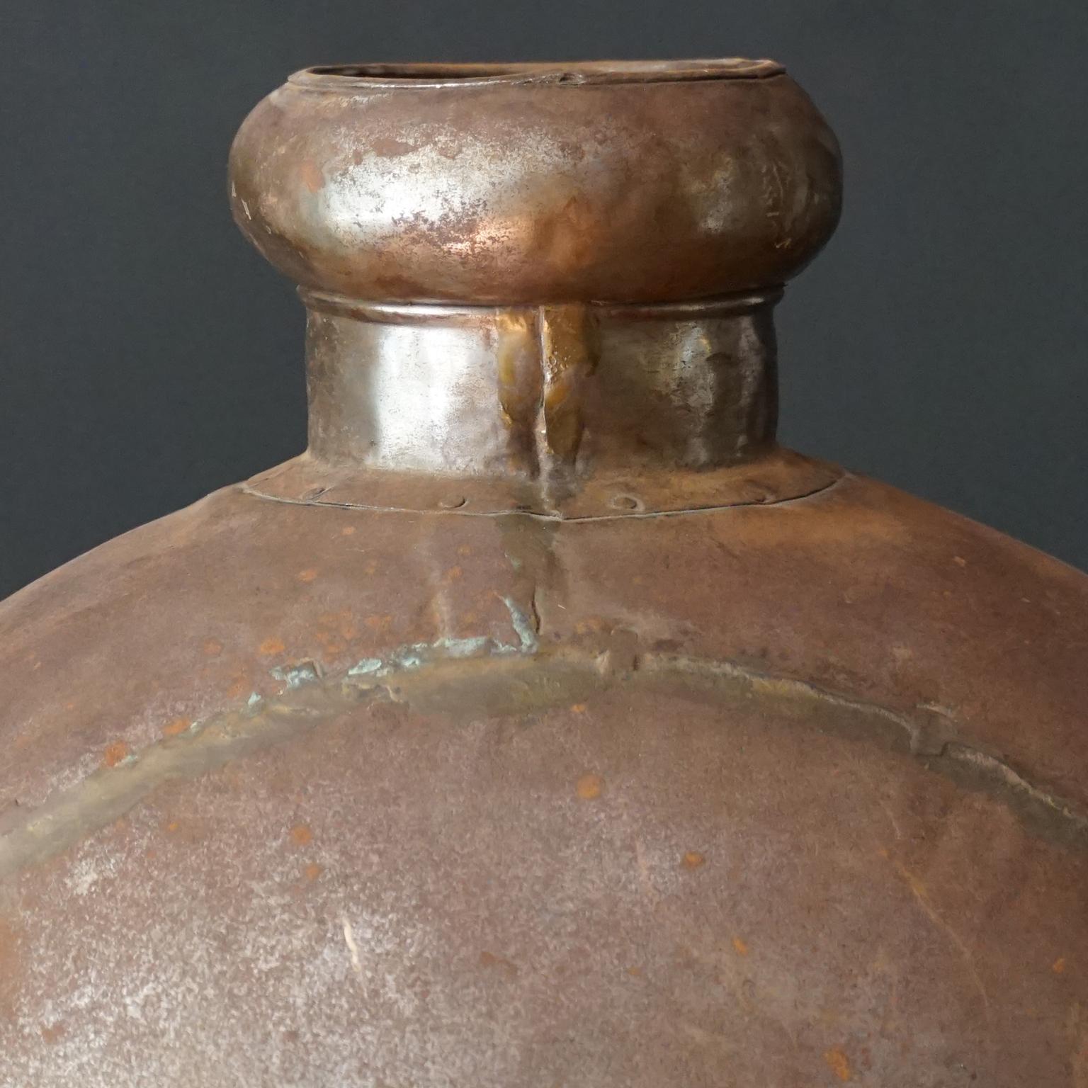 Iron 1950s Indian Hand-Hammered Large Metal Water Jug or Bottle with Wooden Cork For Sale