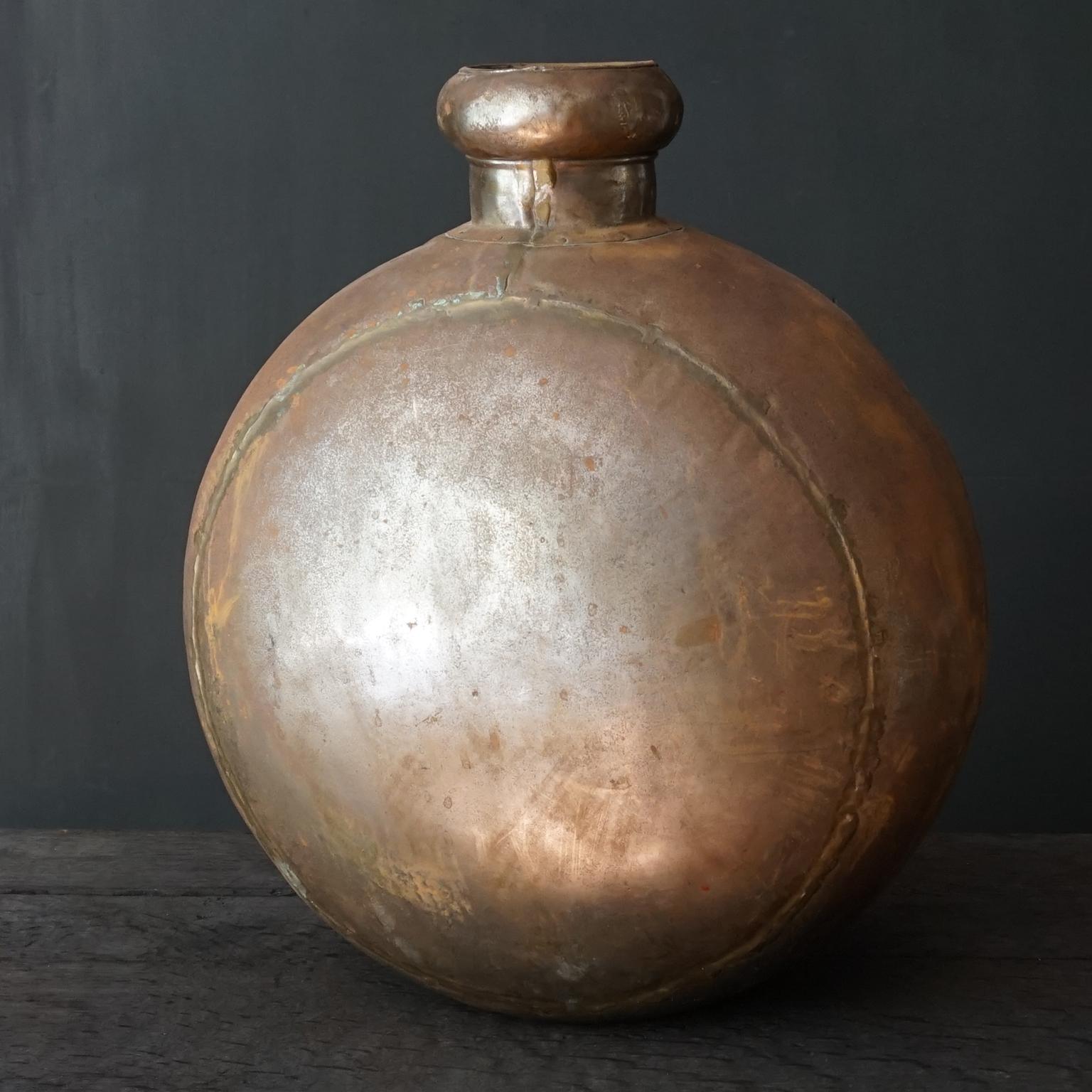 1950s Indian Hand-Hammered Large Metal Water Jug or Bottle with Wooden Cork For Sale 2