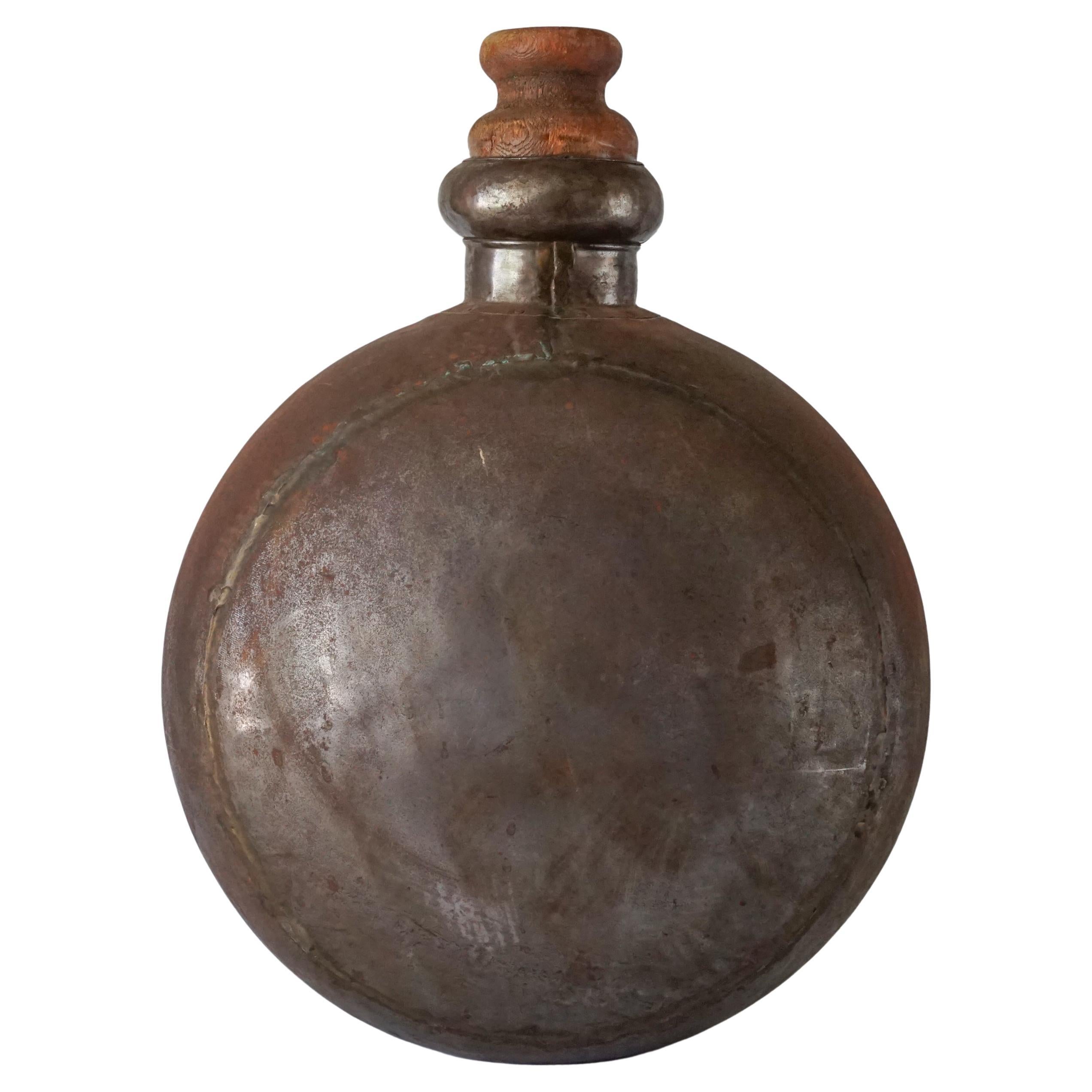 1950s Indian Hand-Hammered Large Metal Water Jug or Bottle with Wooden Cork For Sale