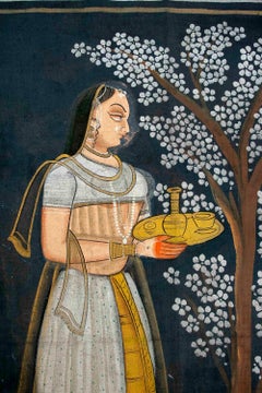 1950s Indian Painted Cloth with Gallant Scene Under Flowering Tree
