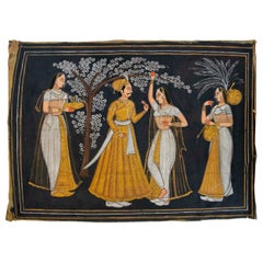 1950s Indian Painted Cloth with Gallant Scene Under Flowering Tree