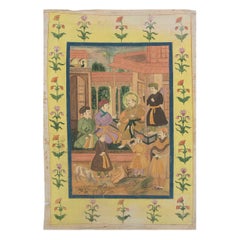 1950s Indian Painted Fabric with Courtly Scene and Floral Frame