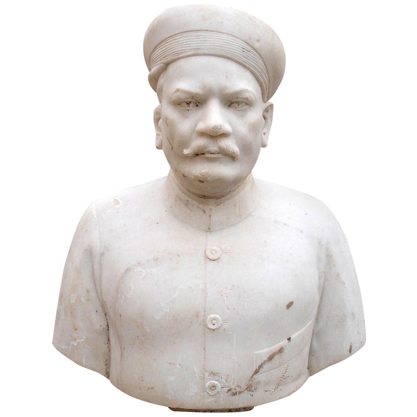 1950s Indian White Marble Bust of a Nobleman with Hat For Sale