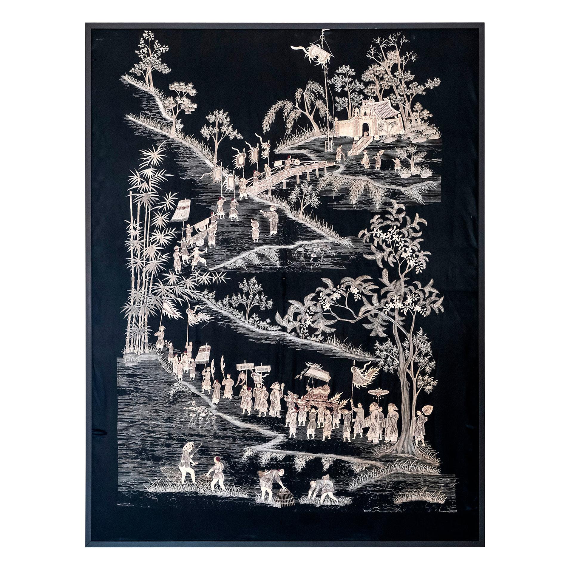 1950s Indochinese Embroidered Black and Gold Silk Framed Wall Panel