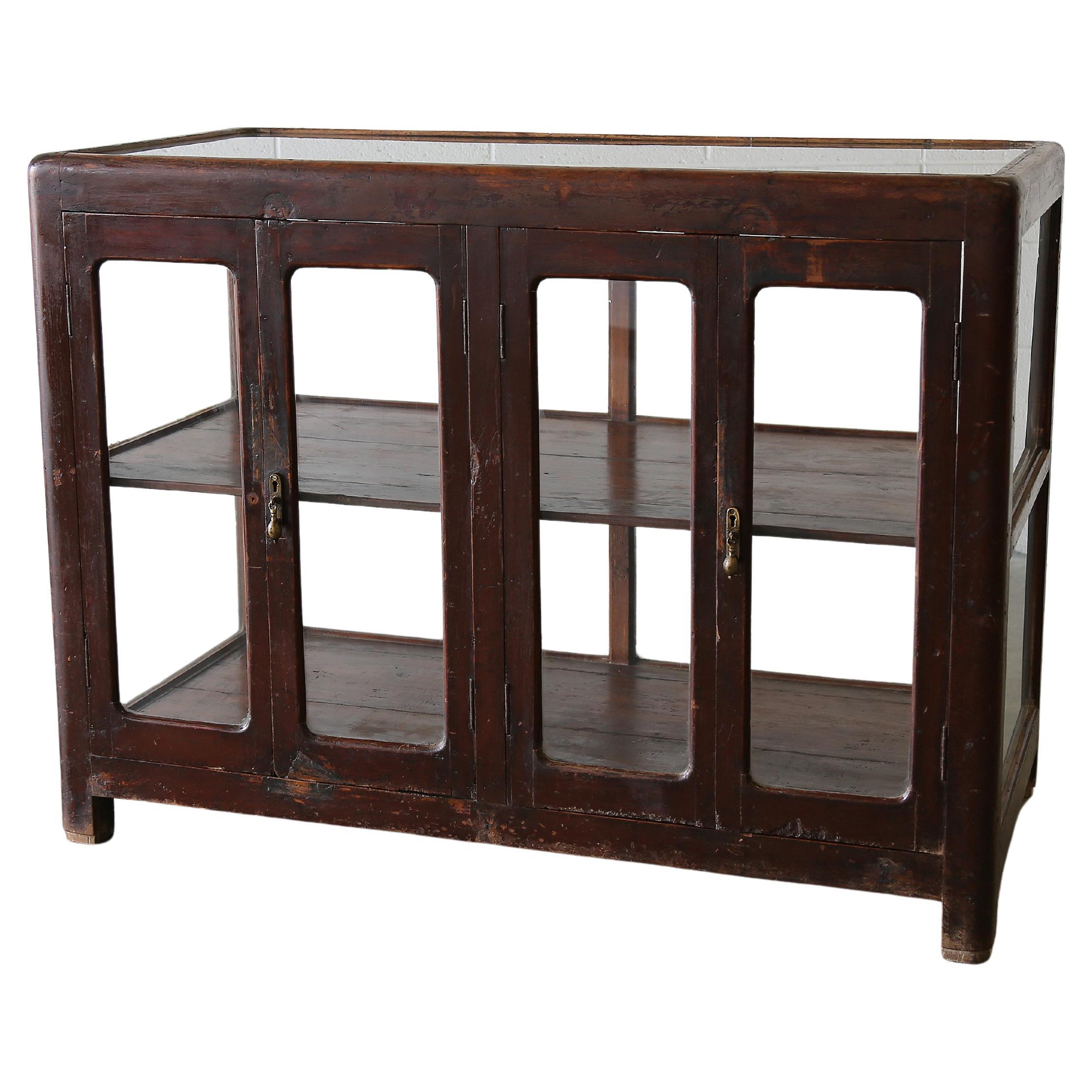 1950s Indonesian Solid Burmese Teak Store Display Cabinet bar