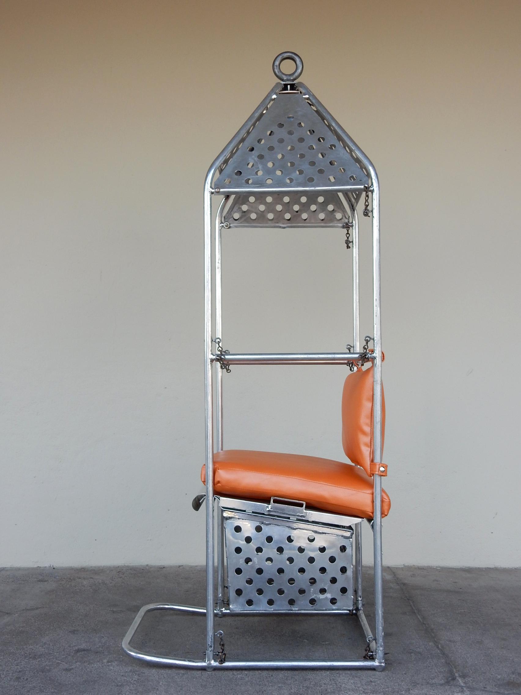 Great conversation piece this custom made circa 1950s hoist chair. 
Via crane, hoist or helicopter... this chair was meant
to get one individual, and their gear, up or down or in and out of someplace.
It is not marked and we could find nothing