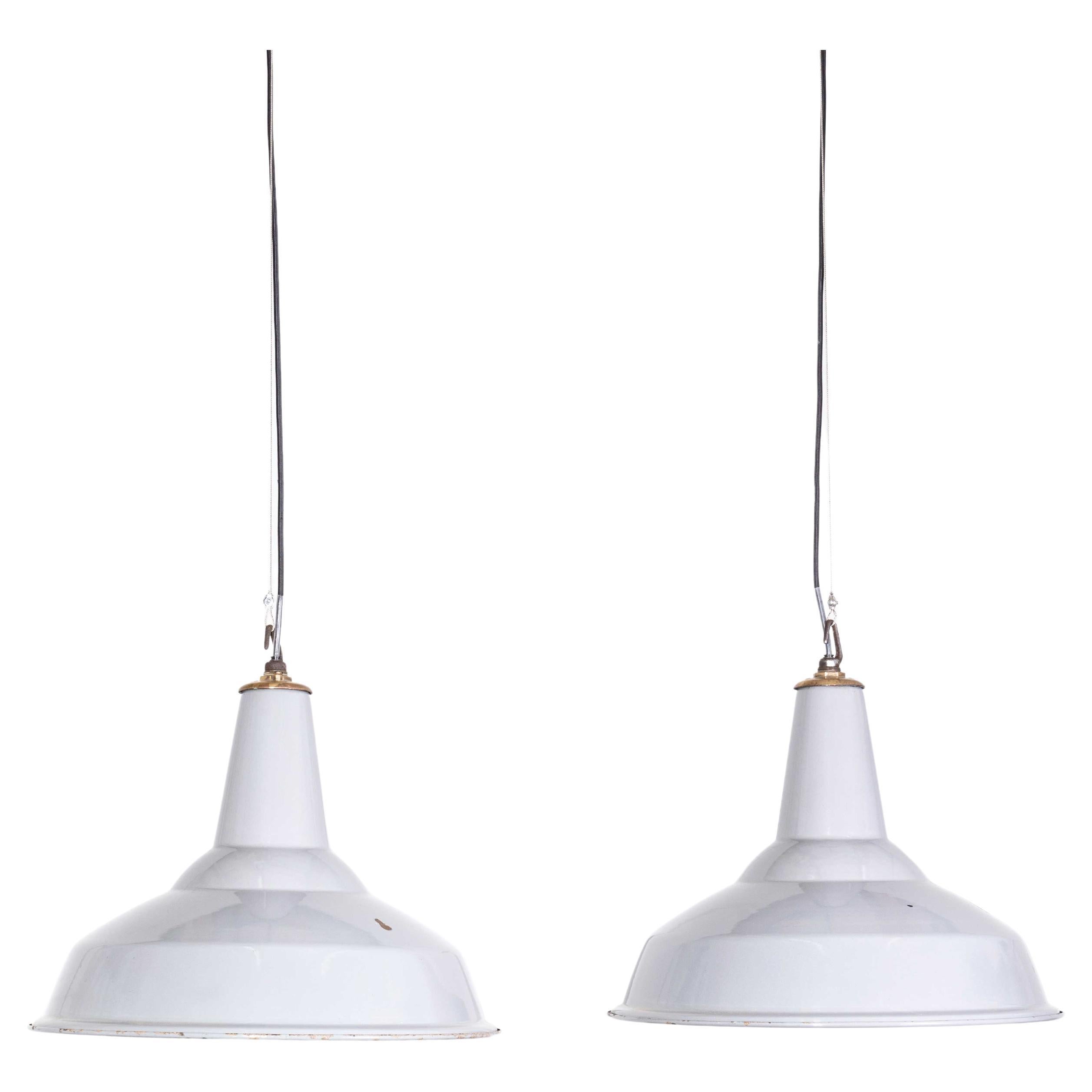 1950's Industrial Benjamin Enamelled Pendant Lamps 16 Inch - Pair