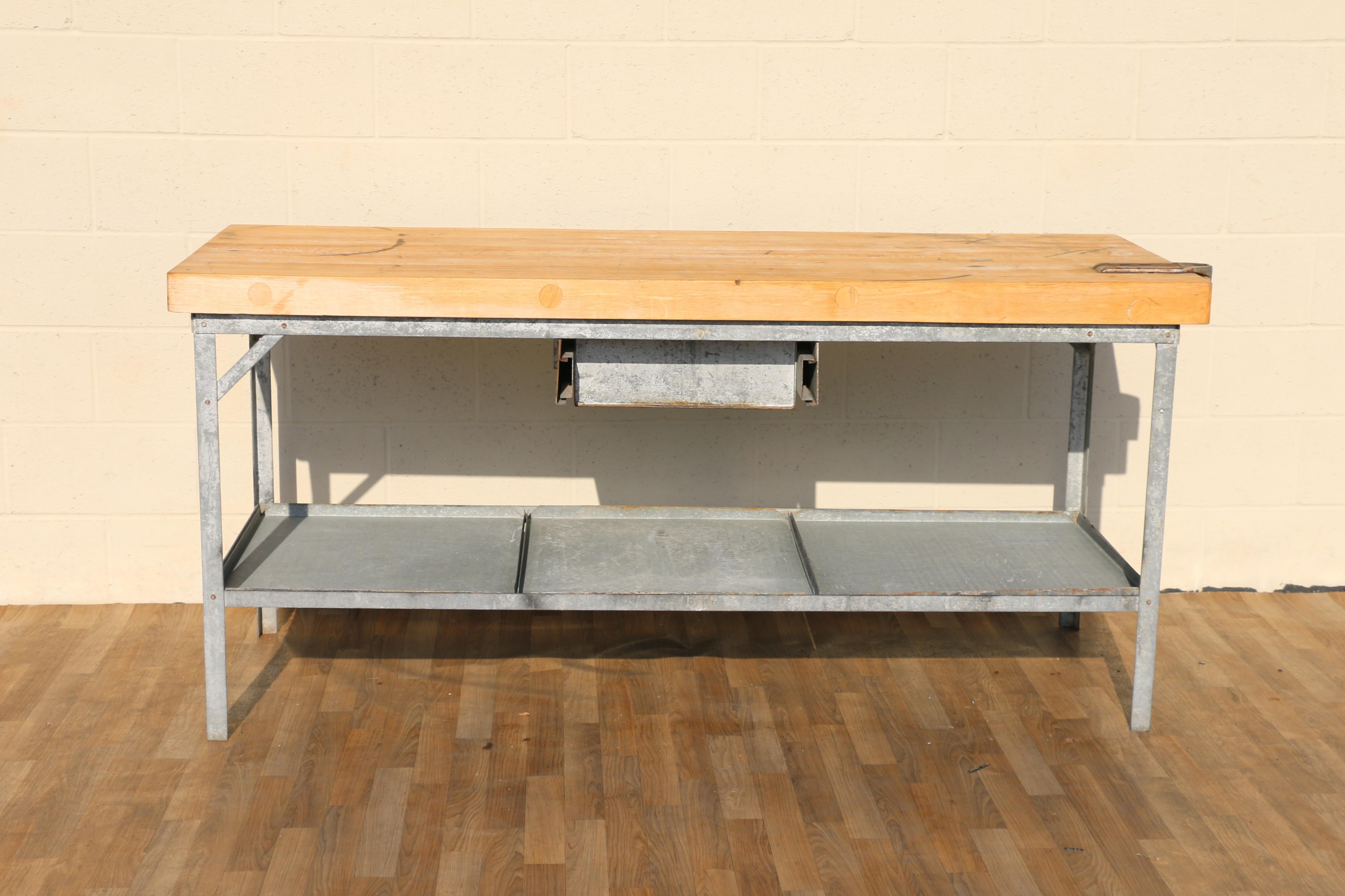 1950s Industrial Butcher Block Workstation Table With Steel Frame and ...