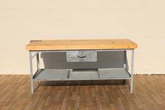 1950s Industrial Butcher Block Workstation Table With Steel Frame and Drawer