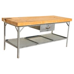 1950s Industrial Butcher Block Workstation Table With Steel Frame and Drawer