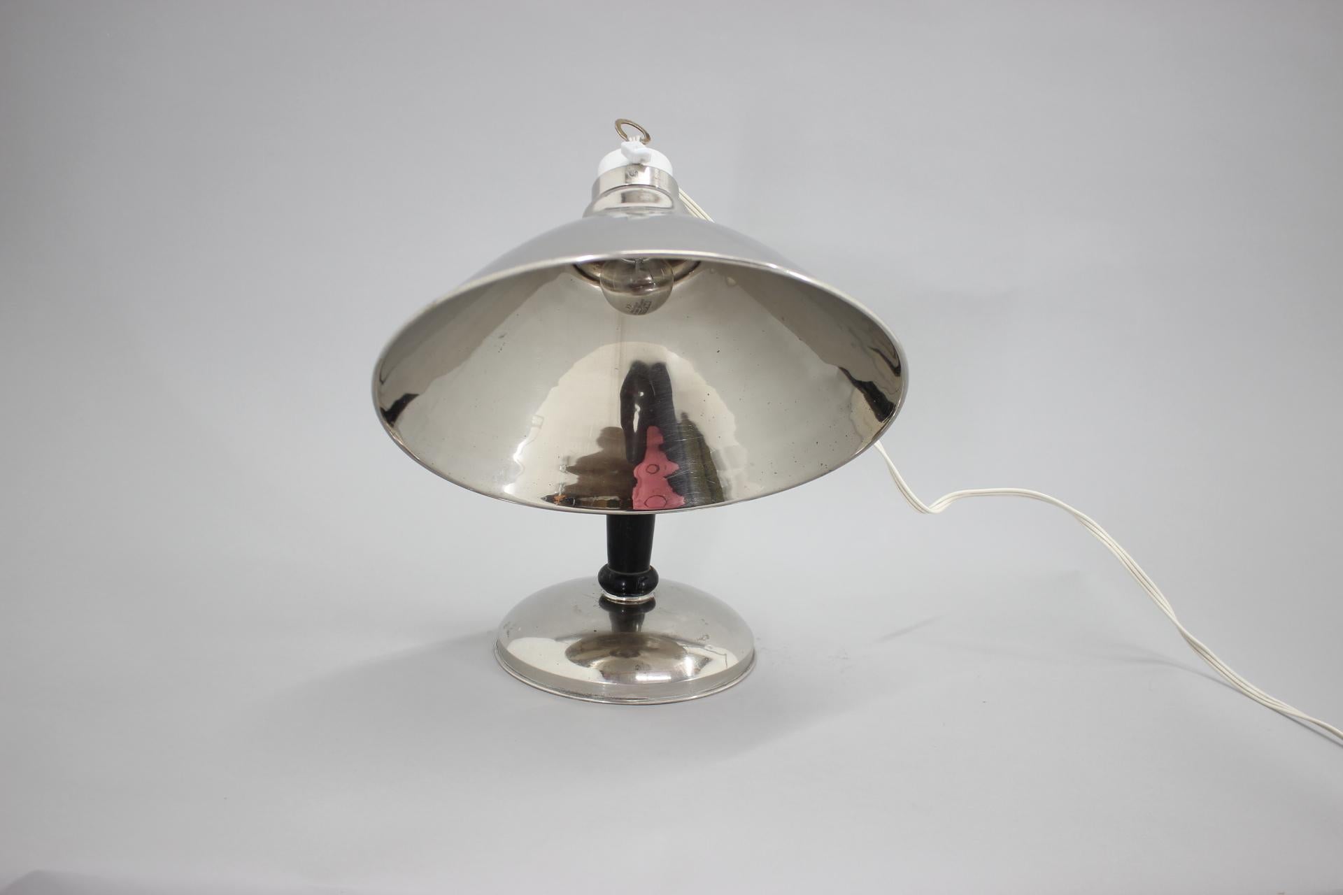 1950s Industrial Chrome & Wood Table Lamp with Ceramic Switch, Czechoslovakia  For Sale 6