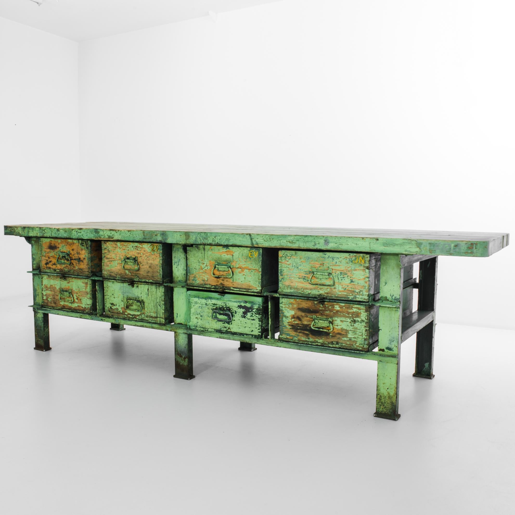 Mid-20th Century 1950s Industrial Czech Metal and Wood Green Worktable
