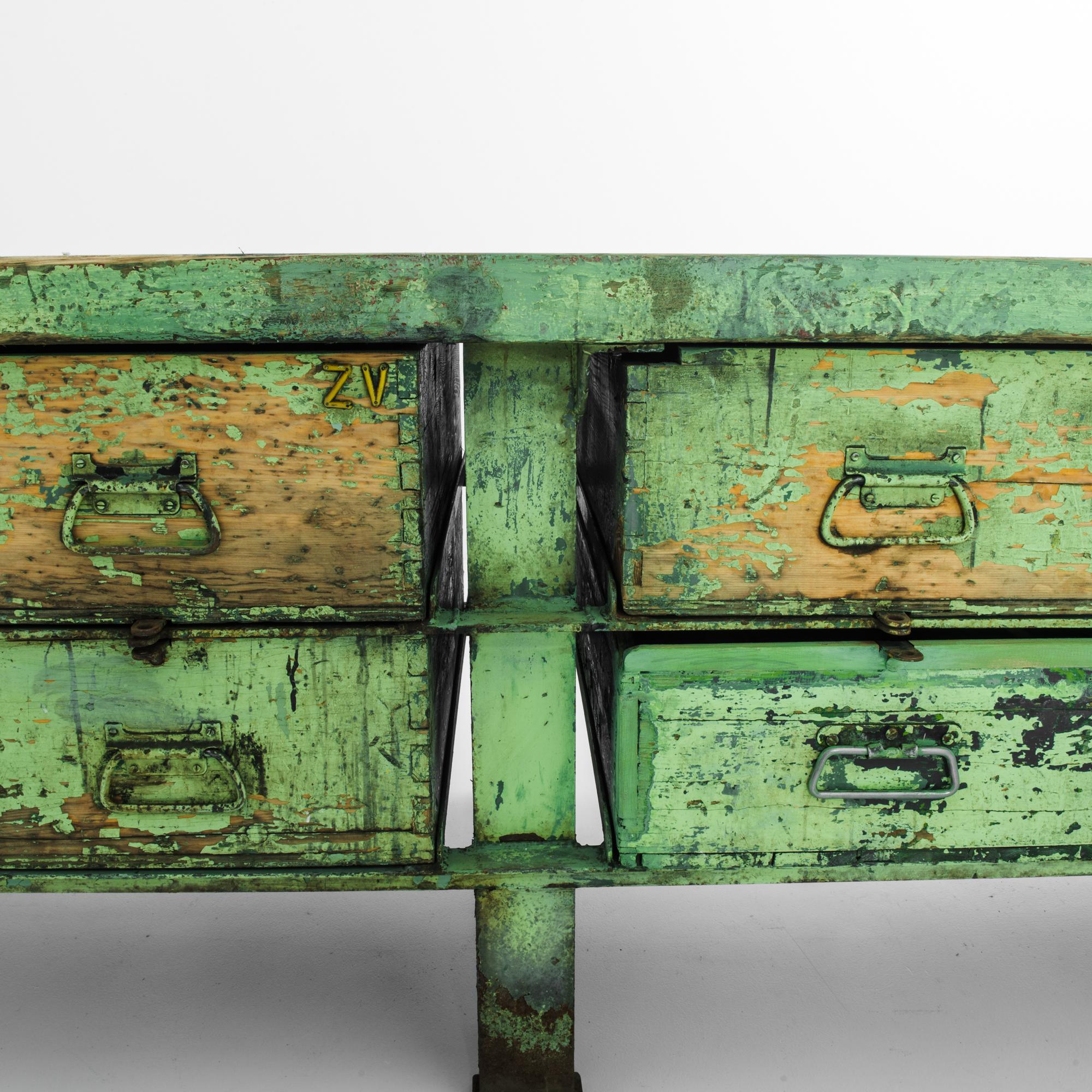 1950s Industrial Czech Metal and Wood Green Worktable 2