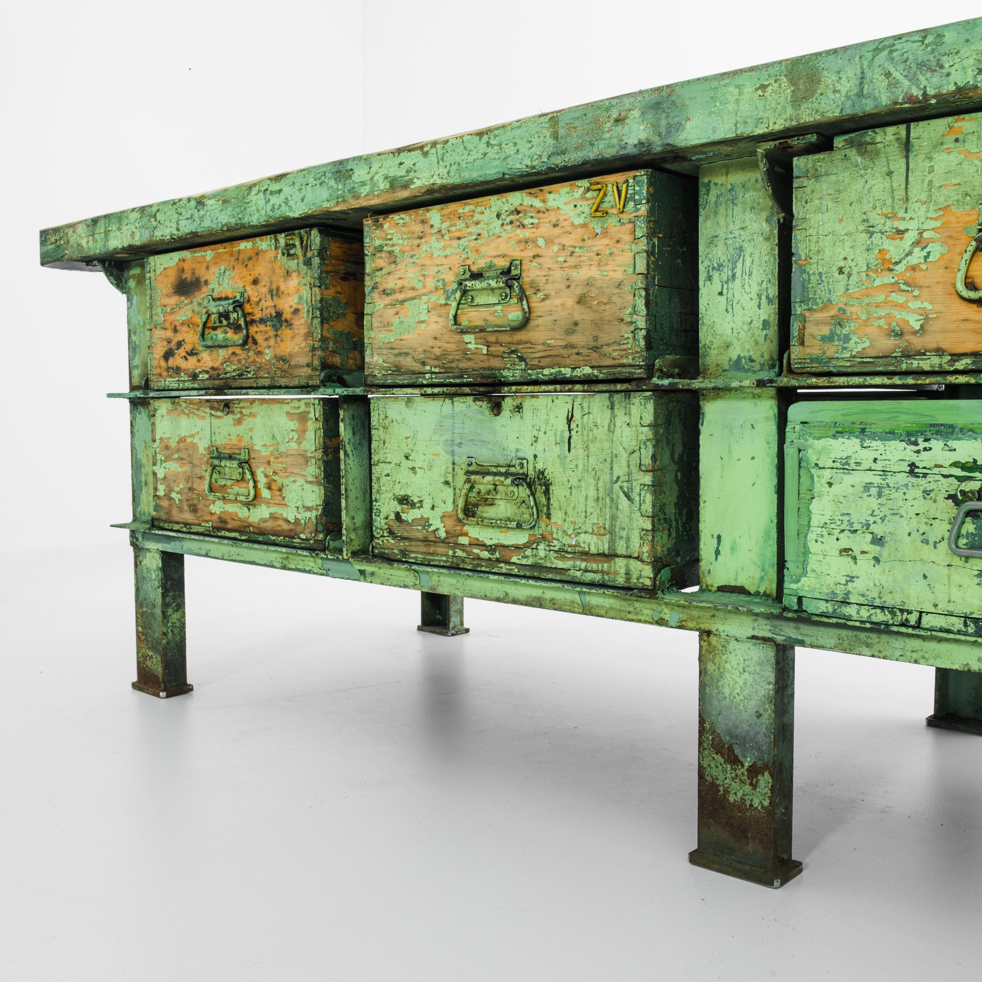 1950s Industrial Czech Metal and Wood Green Worktable 3