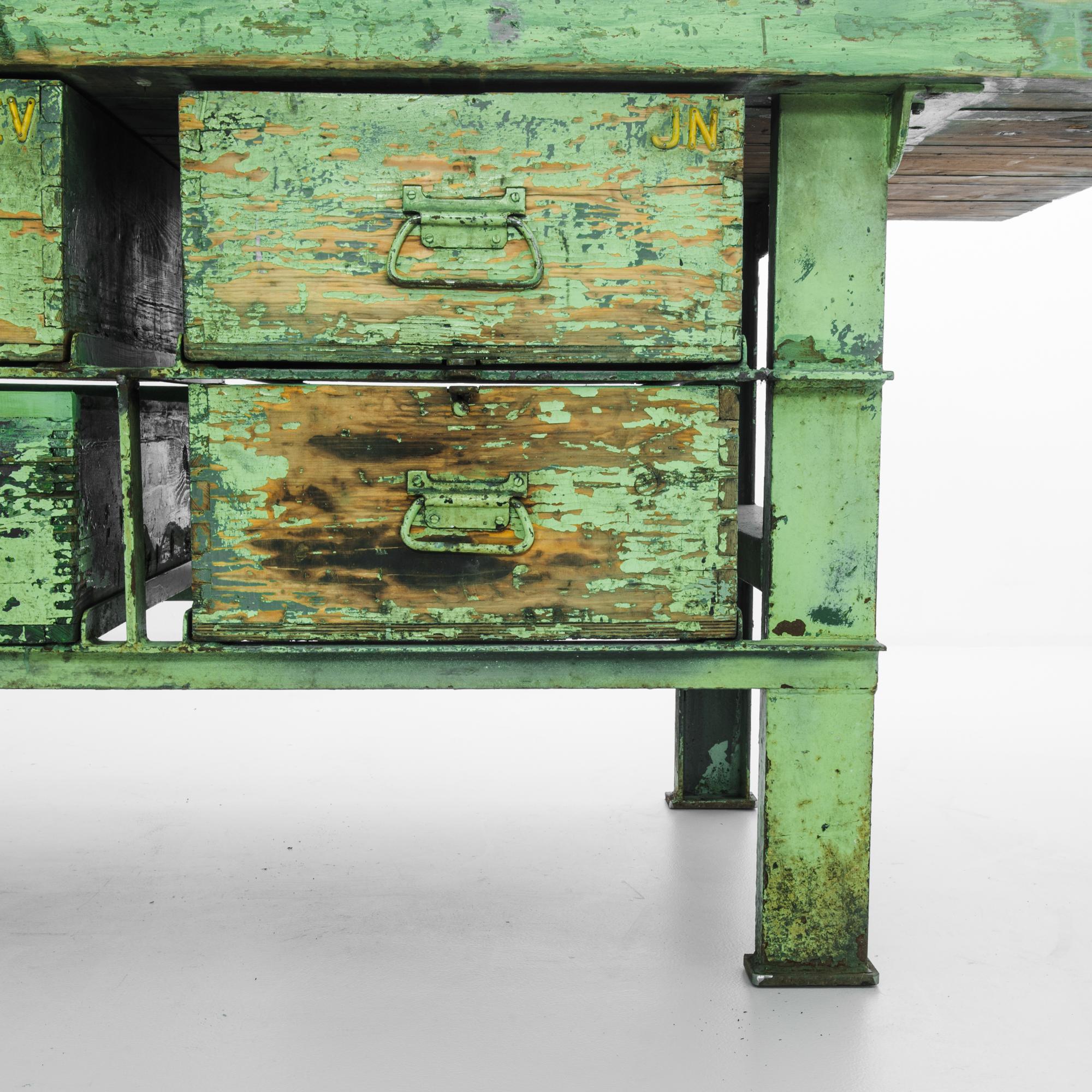 1950s Industrial Czech Metal and Wood Green Worktable 4