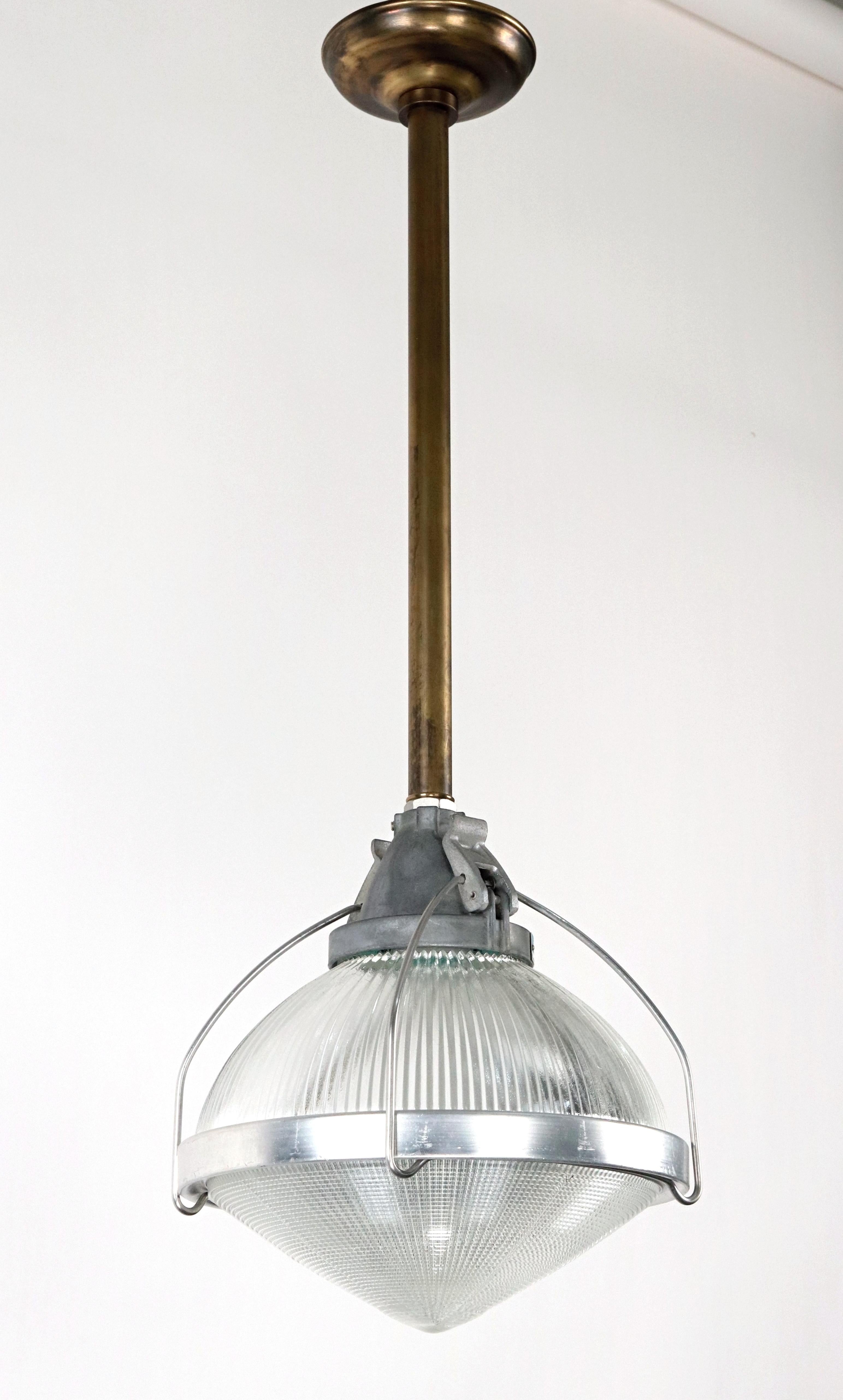 American 1950s Industrial Holophane Steel Pole Pendant Light Qty Available For Sale