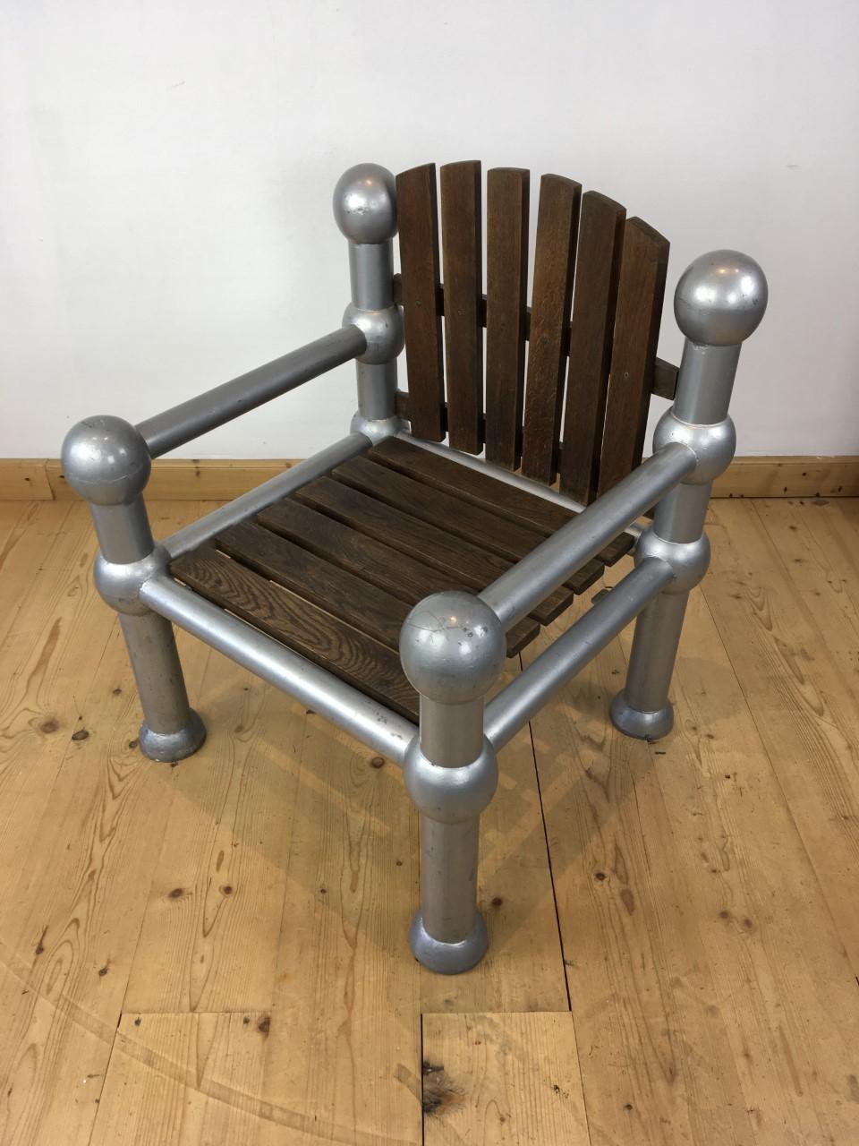 1950s Industrial Iron Atomic Chair with Tropical Hardwood Seating and Back For Sale 8