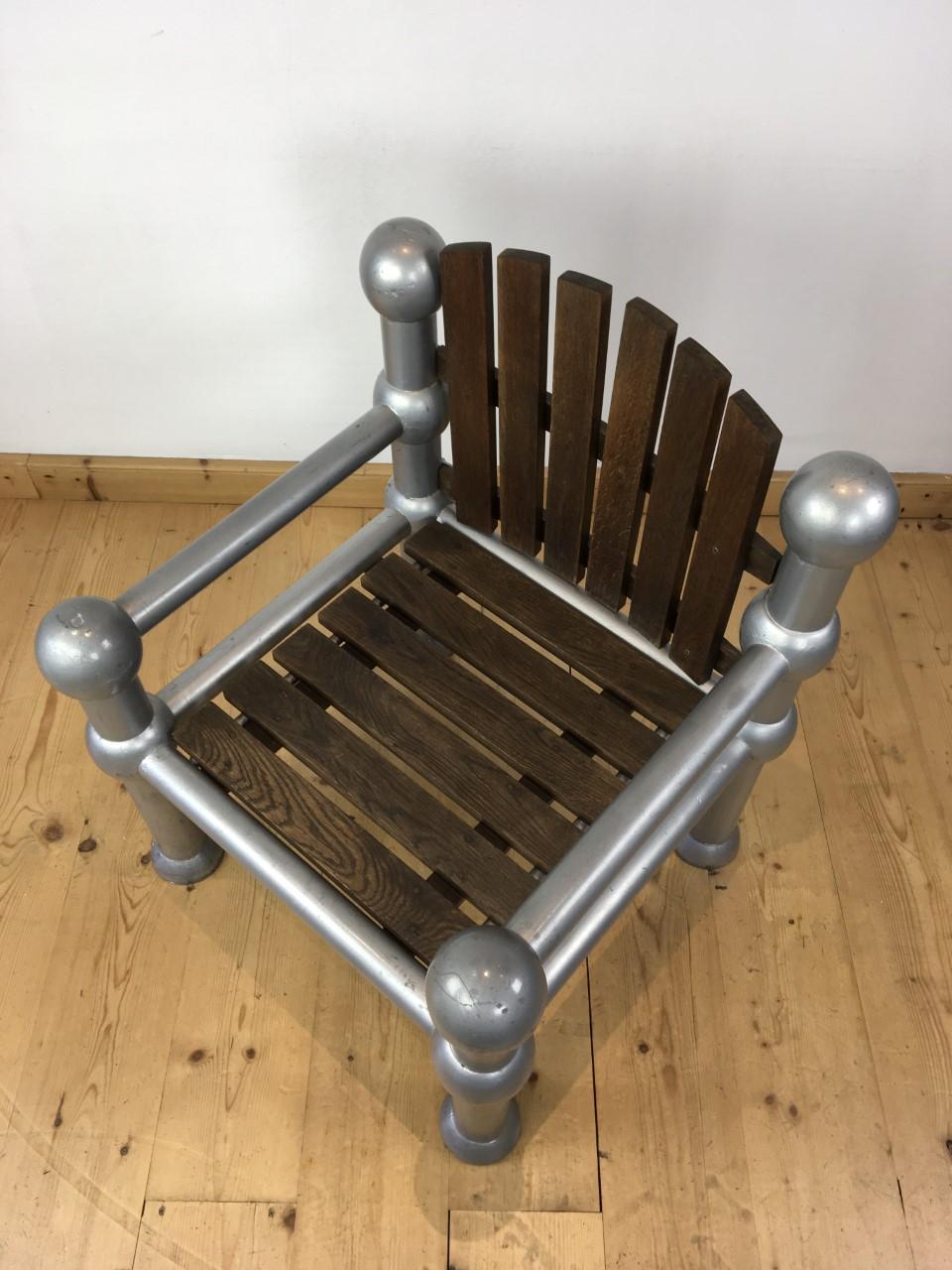 1950s Industrial Iron Atomic Chair with Tropical Hardwood Seating and Back For Sale 9