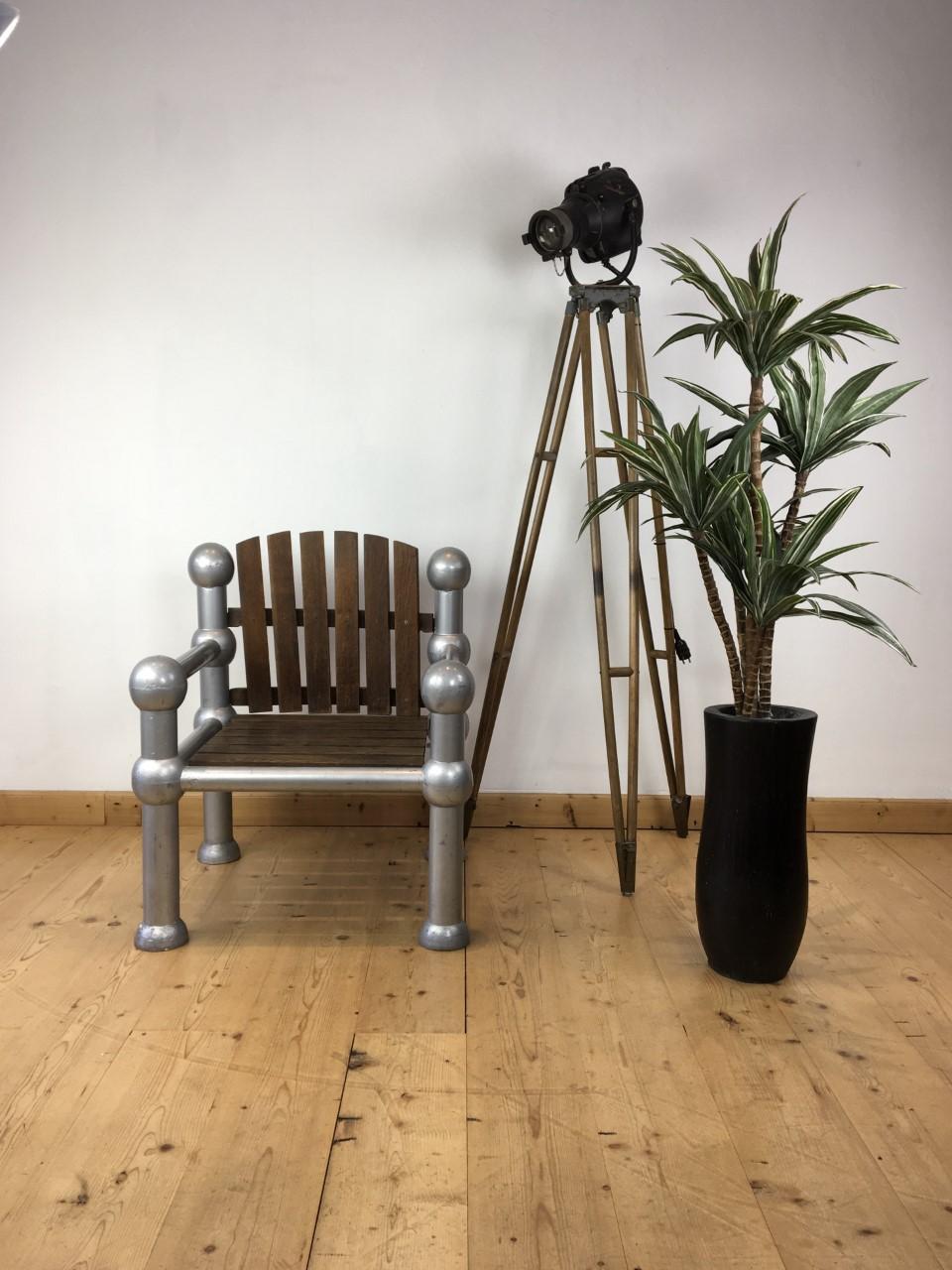 1950s Industrial Iron Atomic Chair with Tropical Hardwood Seating and Back For Sale 10
