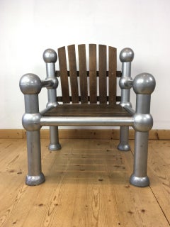 1950s Industrial Iron Atomic Chair with Tropical Hardwood Seating and Back