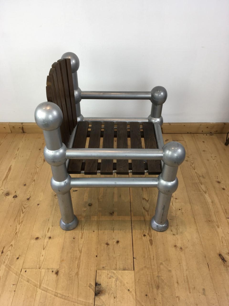 1950s Industrial Iron Atomic Chair with Tropical Hardwood Seating and Back For Sale 1