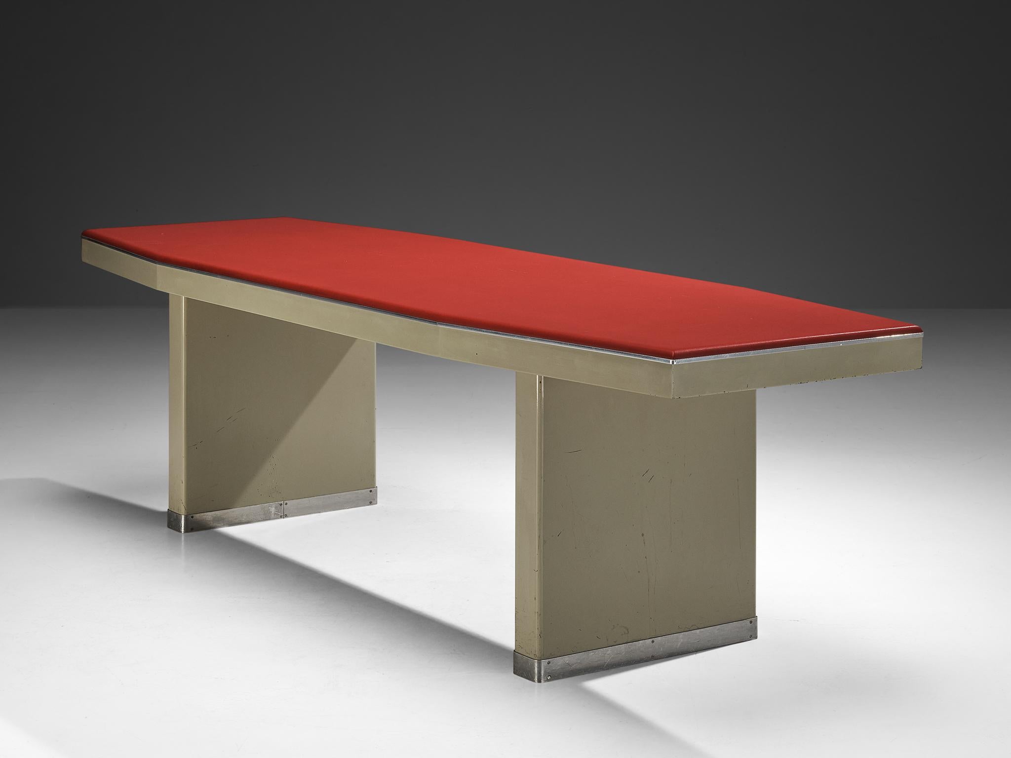 1950s Industrial Italian Dining Table with Red Top and Light Grey Frame For Sale 4