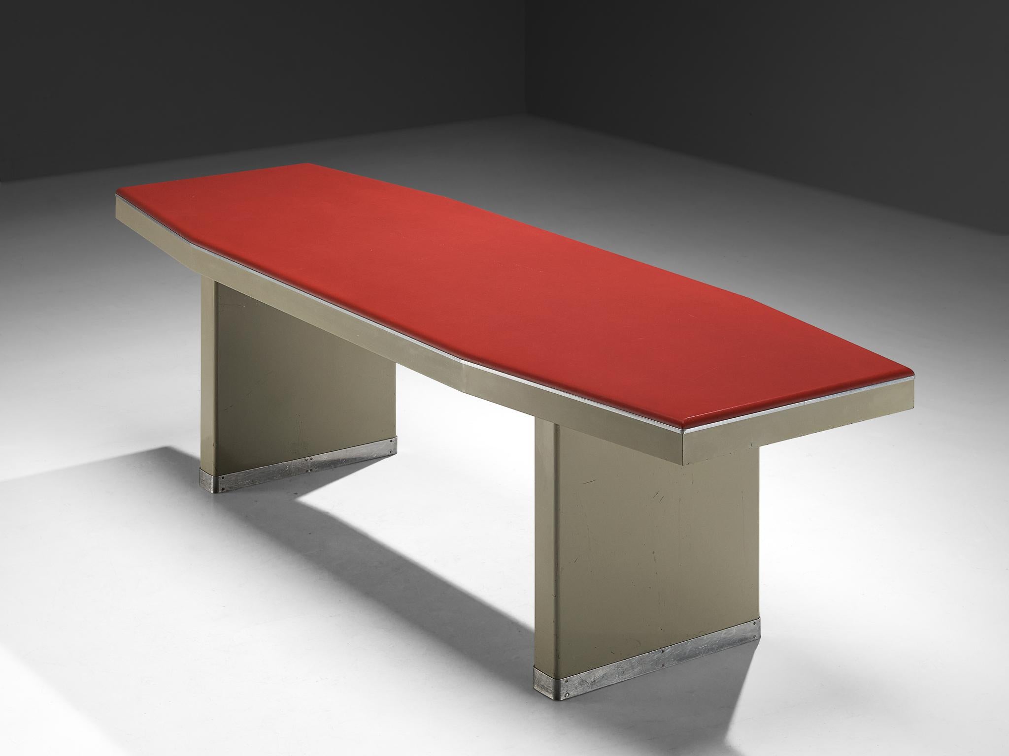 Aluminum 1950s Industrial Italian Dining Table with Red Top and Light Grey Frame For Sale
